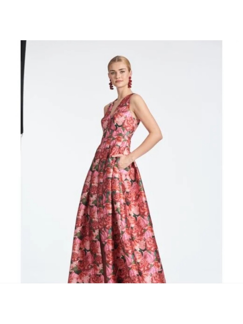 Sachin + Babi Rose-Pink Floral V-Neck Maxi Gown with Green Foliage
